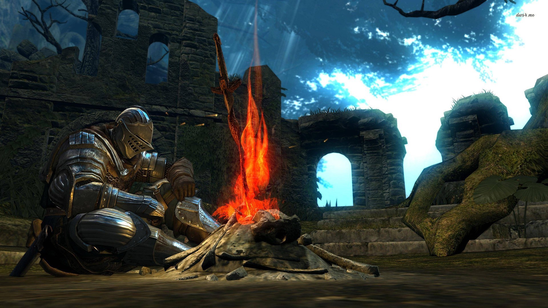 A knight rests at the Firelink Shrine bonfire in the original Dark Souls