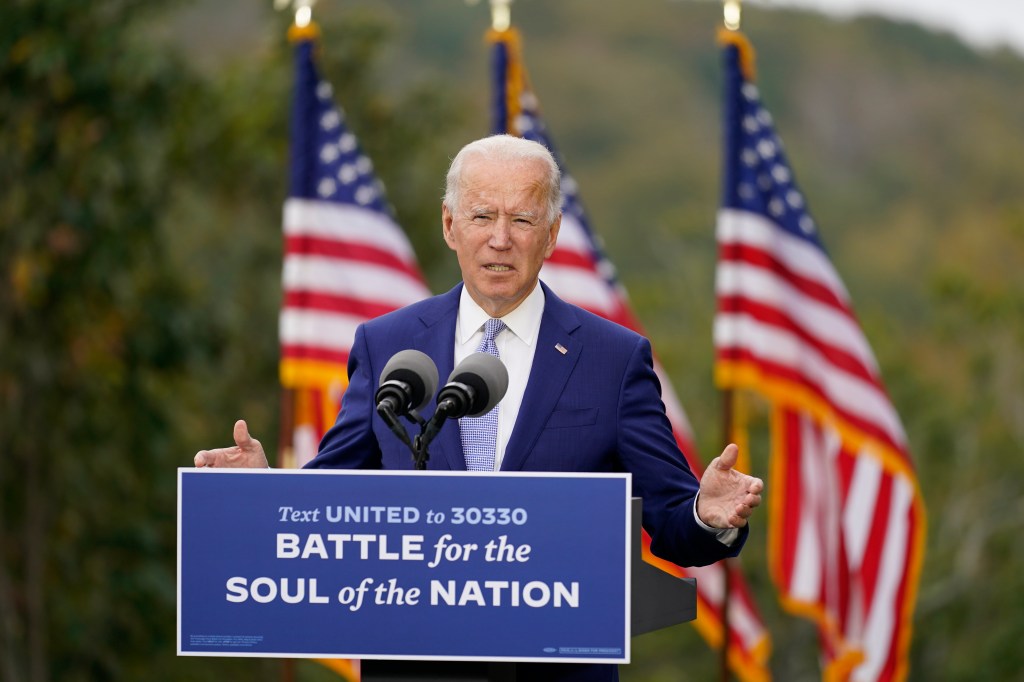 Former Vice President Joe Biden speaks at Mountain Top Inn & Resort, Tuesday, Oct. 27, 2020, in Warm Springs, Ga.