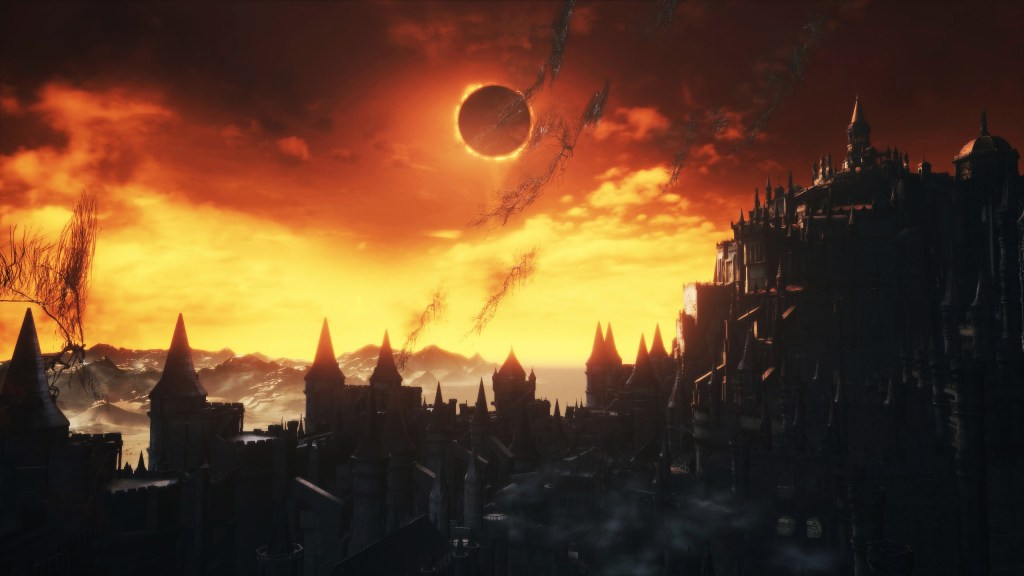 A solar eclipses rises into a fiery sky above a sprawling city in Dark Souls 3.