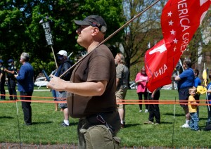 Warren City Council Member, Eddie Kabacinski, attends Operation Haircut on May 20, 2020 in Lansing, Michigan.