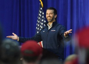 Donald Trump Jr. at a "Make America Great Again!" event in Washington, Mich., Monday, Oct. 26, 2020. (Daniel Mears/Detroit News via AP)​