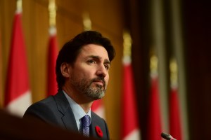 Prime Minister Justin Trudeau provides an update on the COVID-19 pandemic during a press conference in Ottawa on Friday, Oct. 30, 2020.