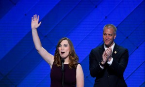 Rep. Sean Patrick Maloney, D-N.Y., claps as LGBT rights activist Sarah McBride speaks at the Democratic National Convention in Philadelphia on Thursday, July 28, 2016. Sarah became the first transgender person to address a national political convention..