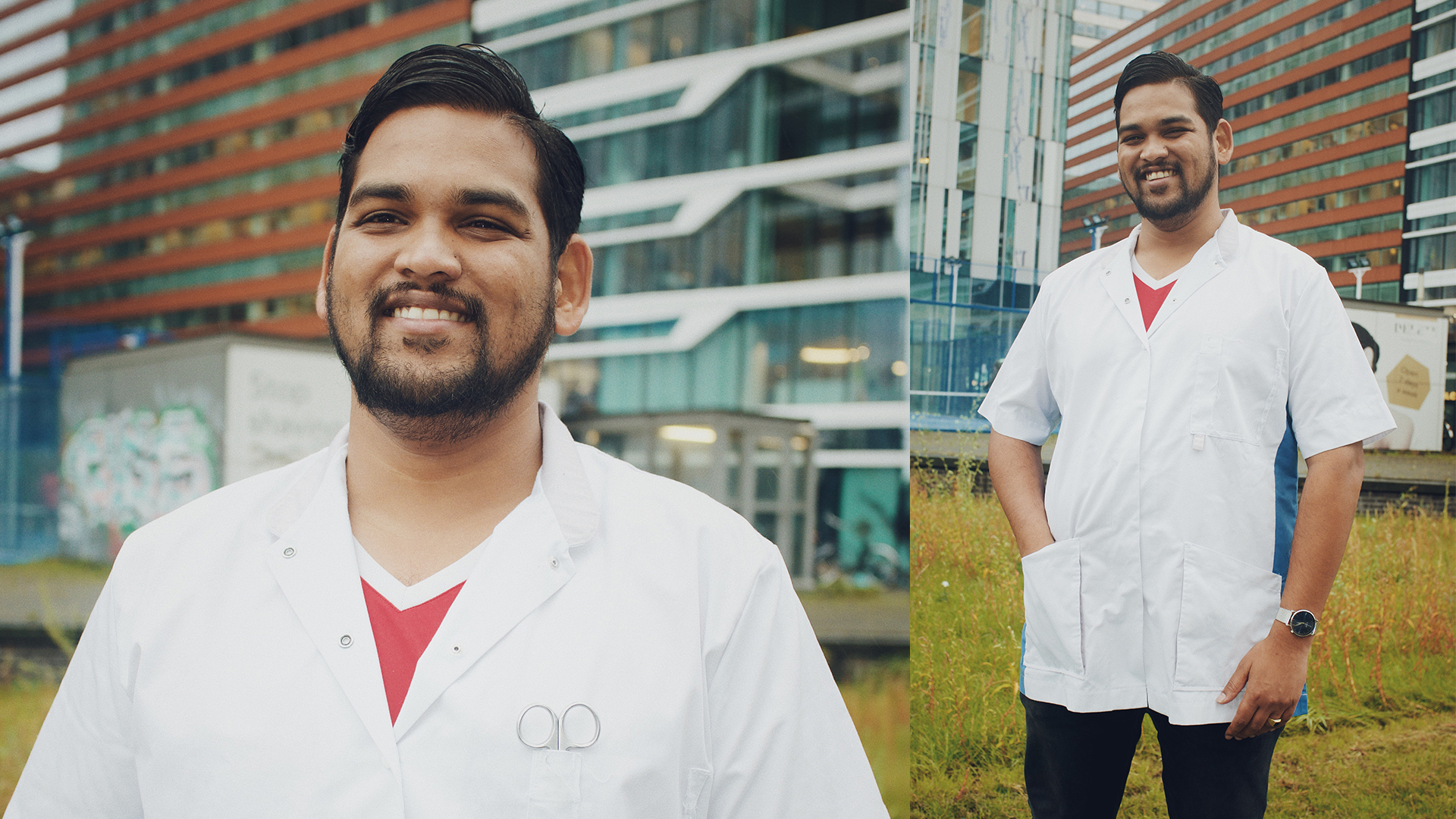 Vijay Chamman. Short brown hair combed to the side. Standing in a white coat in front of a hospital.