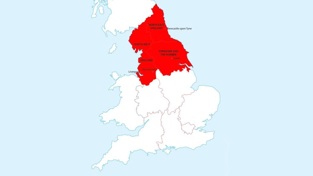 A map of England with northern regions highlighted in red.