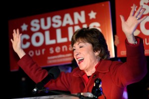 Sen. Susan Collins, R-Maine, addresses supporters just after midnight on Wednesday, Nov. 4, 2020, in Bangor, Maine.