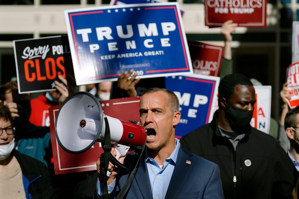 President Donald Trump's campaign advisor Corey Lewandowski at the Pennsylvania Convention Center, Thursday, Nov. 5, 2020, in Philadelphia, following Tuesday's election. (AP Photo/Matt Slocum)​