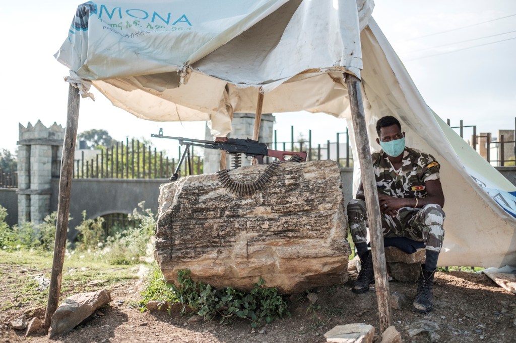 A member of Tigray police is pictured at a checkpoint in the outskirts of Mekele on the day of Tigray's regional elections.