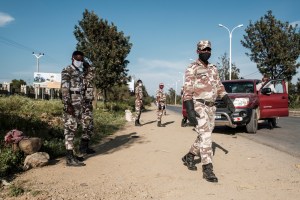 Police officers walk in the streets in Ethiopia.