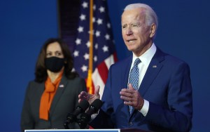 U.S. President-elect Joe Biden speaks to the media while flanked by Vice President-elect Kamala Harris on November 09, 2020 in Wilmington, Delaware.​