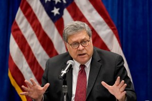 U.S. Attorney General William Barr speaks during a roundtable discussion, Thursday, Oct. 15, 2020, in St. Louis. (AP Photo/Jeff Roberson)​