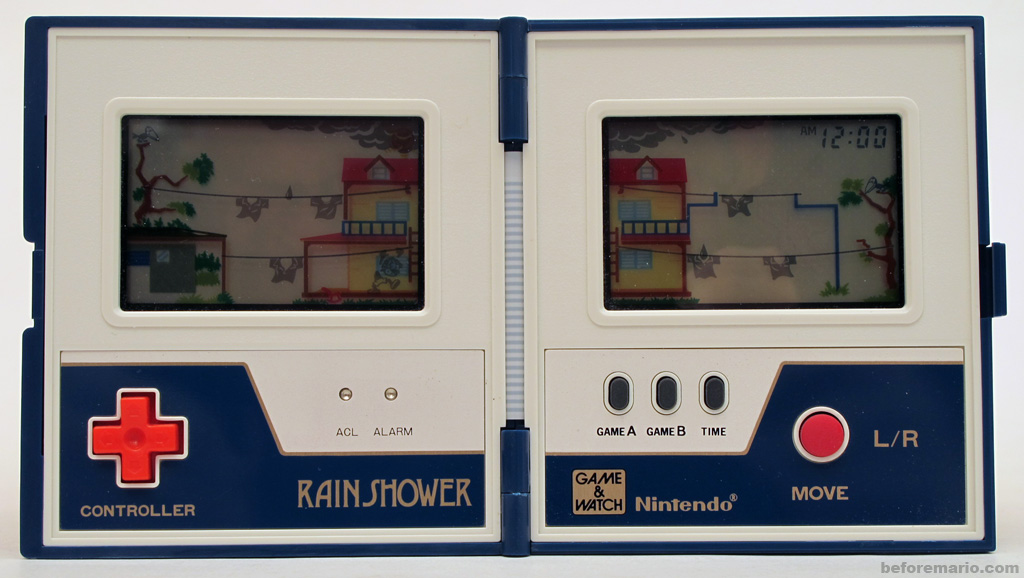 A booklet-like gamepad with a pair of crude LCD screens over simple artwork. A red cross-shaped D-pad is on the left panel, a button is on the right panel.