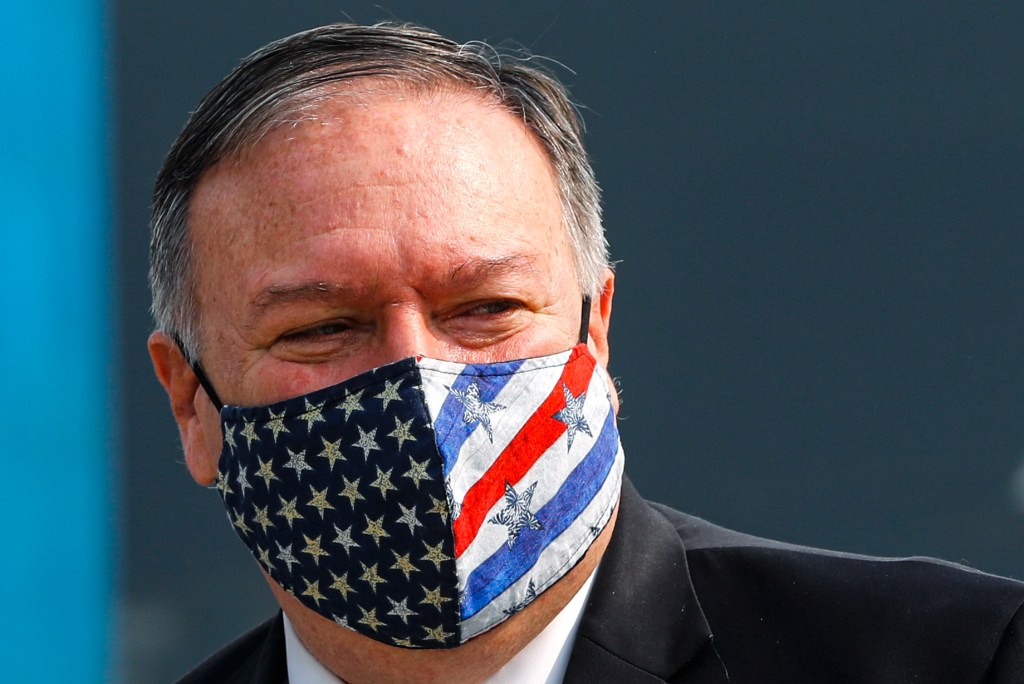 US Secretary of State Mike Pompeo arrives at an airport in New Delhi on October 26, 2020.