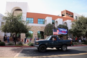 MAGA pickup truck with a Donald Trump flag in Arizona on Election day 2020