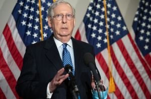 US Senate Majority Leader Mitch McConnell, Republican of Kentucky, speaks to the media following the weekly Senate Republican lunch on Capitol Hill in Washington, DC, November 10, 2020.