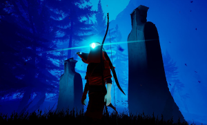 Screenshot from The Pathless, the player character, wearing a red tunic with a bird perched on one shoulder and a bow slung over the other, dons a mask that emits a bright blue light