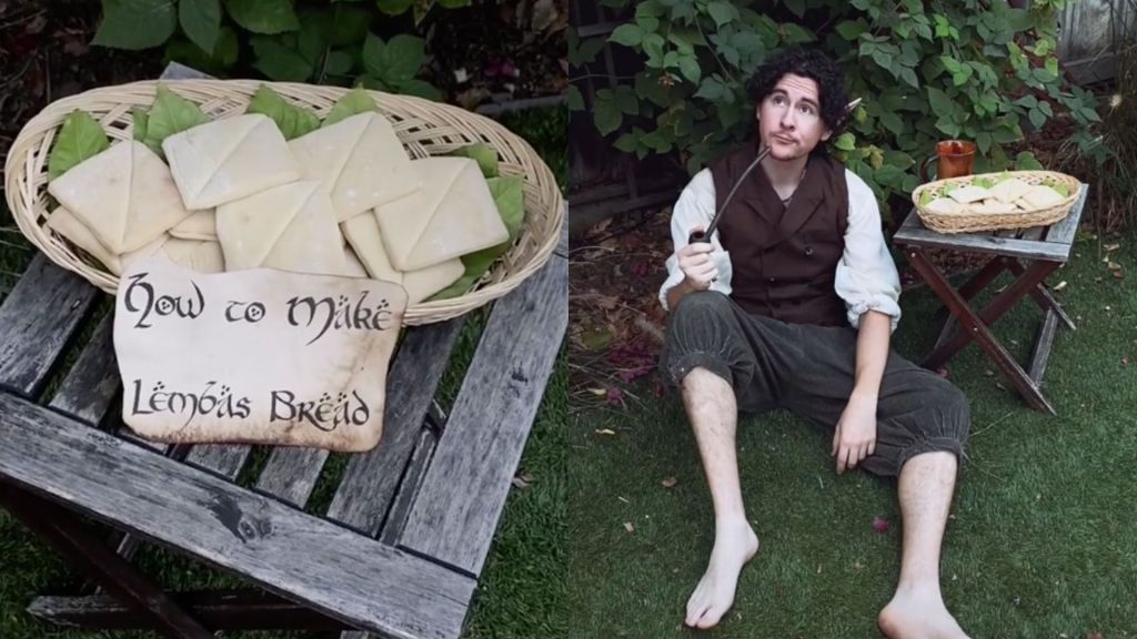 screenshots of lord of the rings-themed hobbit cooking videos on tiktok featuring homemade lembas bread