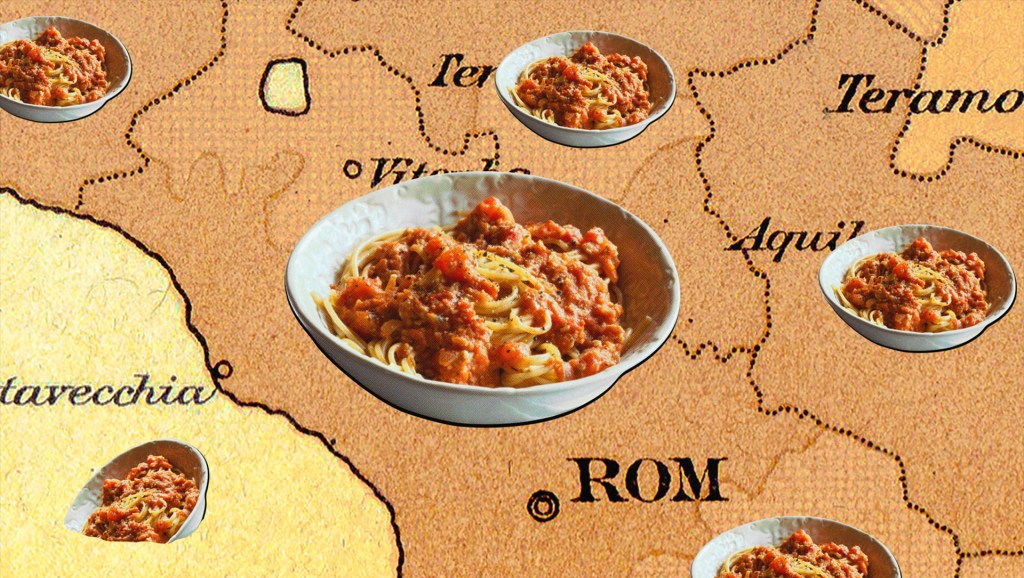 a map of italy with bowls of pasta placed over different regions