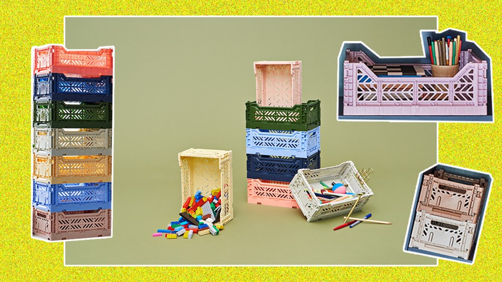 a collage of plastic colour crates from danish homeware company hay and turkish company aykasa