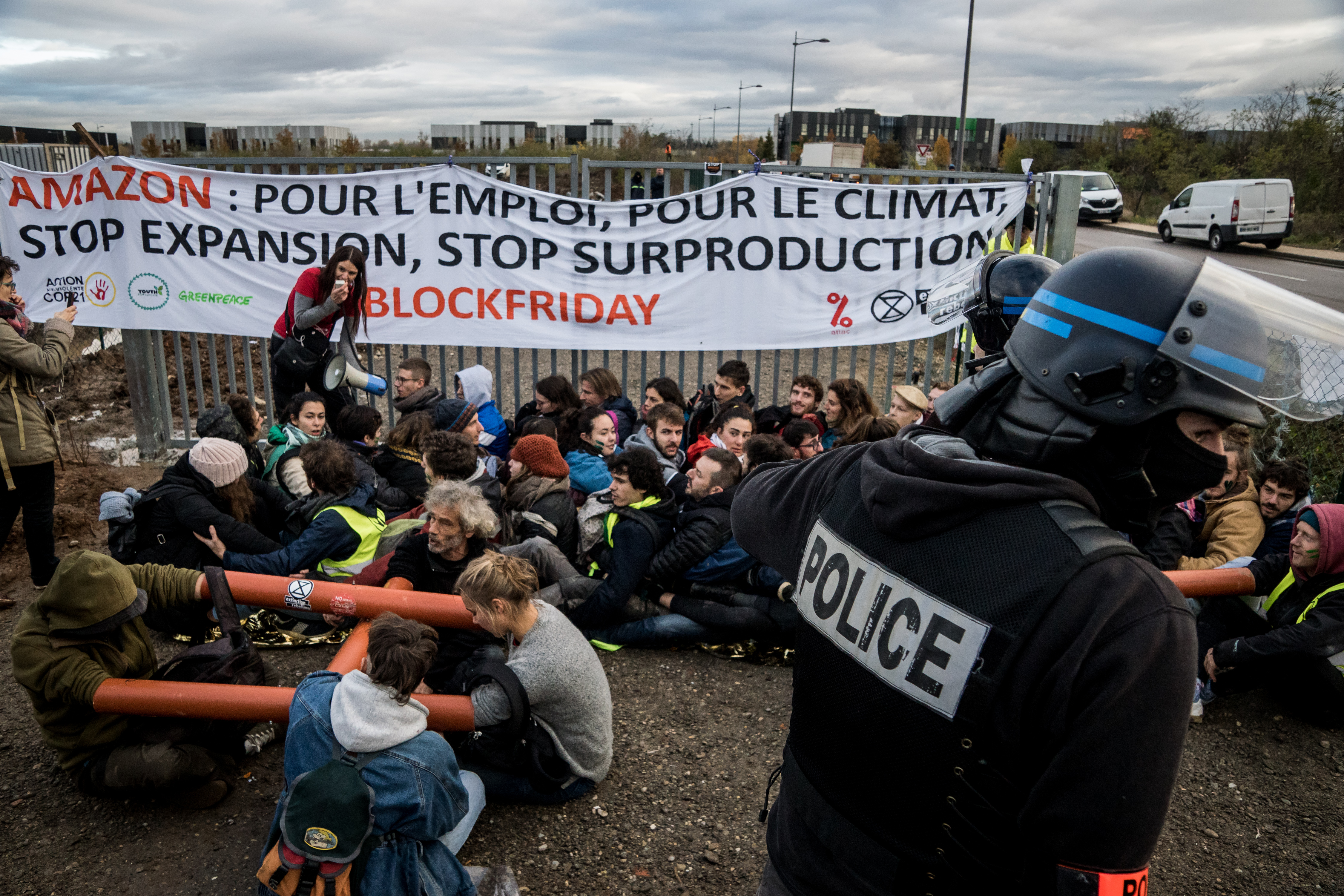 Amazon protesters outside Paris.