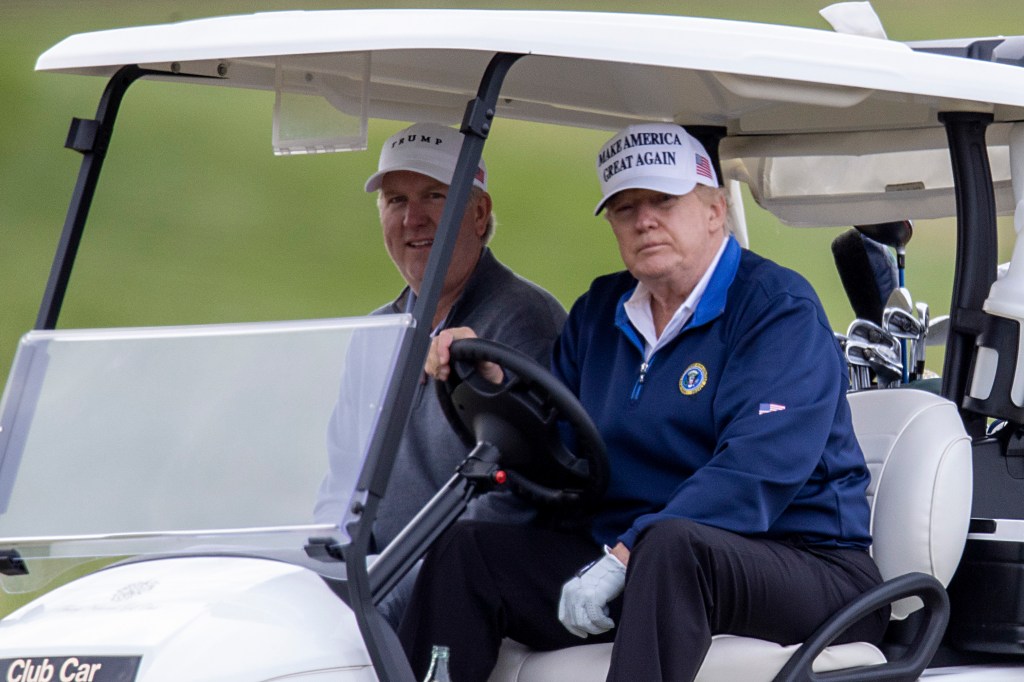 U.S. President Donald Trump golfs at Trump National Golf Club on November 22, 2020 in Sterling, Virginia.