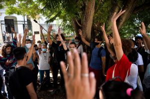 A group of young intellectuals and artists demonstrate at the doors of the Ministry of Culture during a protest in Havana, Cuba on November 27, 2020