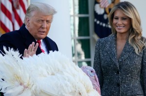 President Donald Trump pardons Corn, the national Thanksgiving turkey, in the Rose Garden of the White House, Tuesday, Nov. 24, 2020, in Washington, as first lady Melania Trump watches. (AP Photo/Susan Walsh)