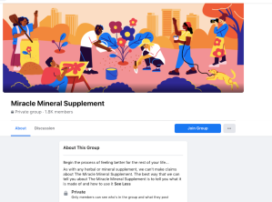 A screenshot showing one of several "Miracle Mineral Solution" private groups now on active on Facebook. ​