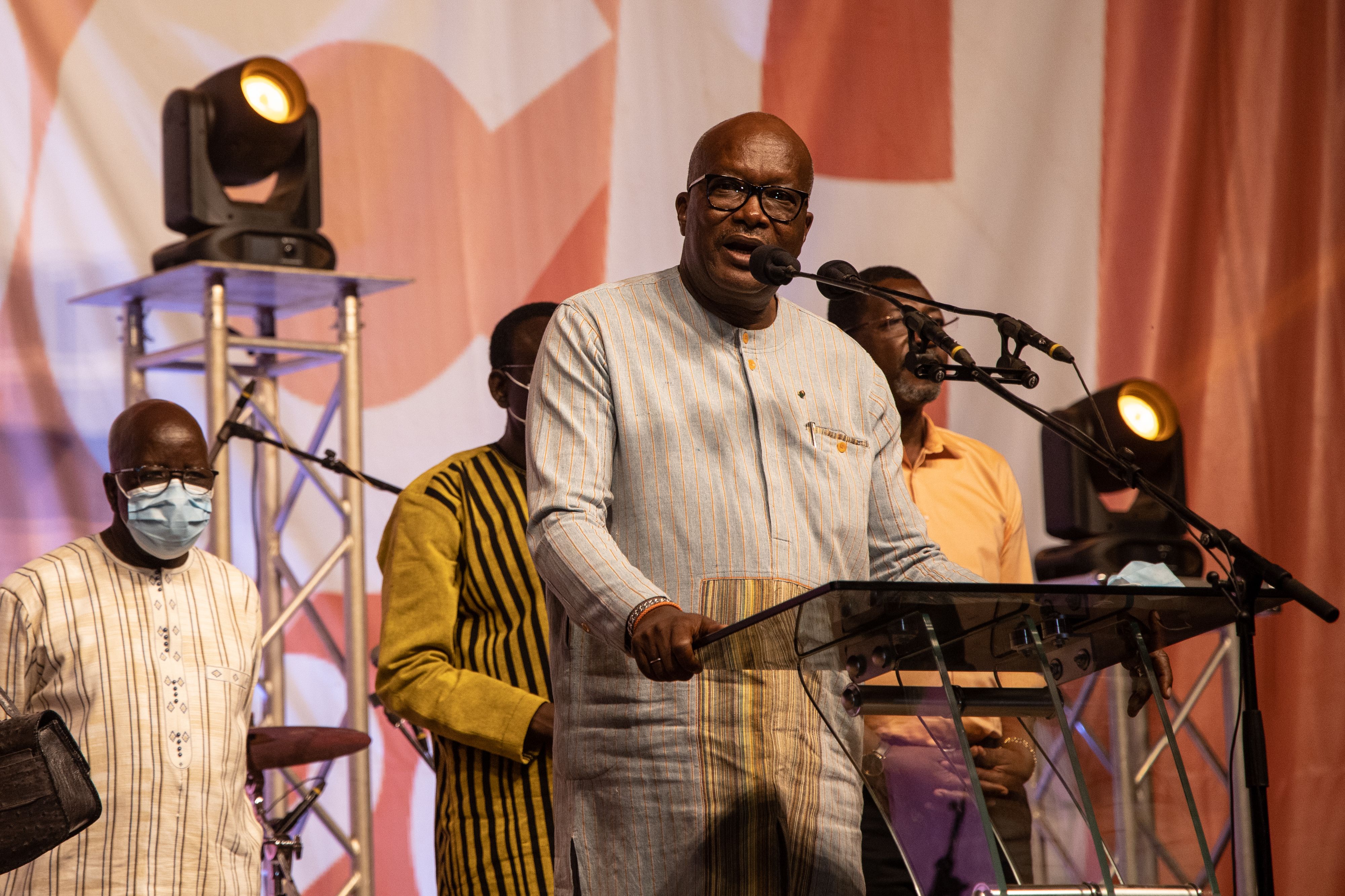 President Roch Marc Christian Kaboré of Burkina Faso speaks at a podium.