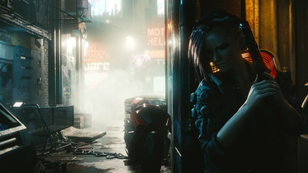 A character in Cyberpunk 2077 takes shelter in an alley with an automatic pistol.