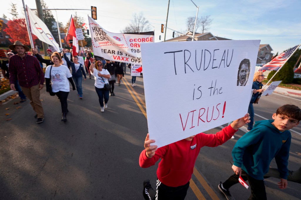 Anti-mask protesters in Aylmer, Ontario, on Nov. 7, 2020