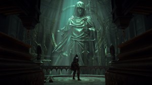 Screenshot from Demon's Souls, a player stand in front of a large statue of a woman holding a sword in the game's hub world, the Nexus