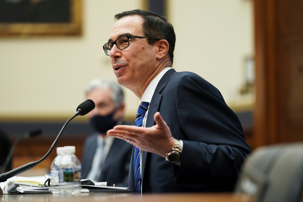 Treasury Secretary Steven Mnuchin testifies before a House Financial Services Committee hearing on Capitol Hill in Washington, Wednesday, Dec. 2, 2020.