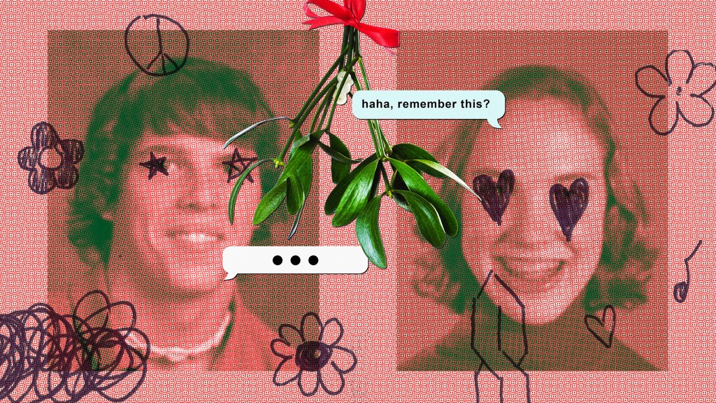 A photo collage of two yearbook photos with text message conversation bubbles, showing flirting.