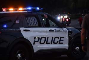 Beverly Hills police officers patrol in their car on November 1, 2020 in Beverly Hills.