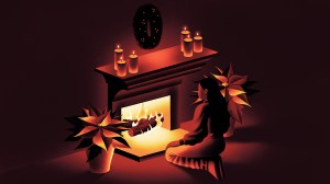 illustration of a person sitting in front of a glowing fireplace, topped with lit candles, surrounded by poinsettias