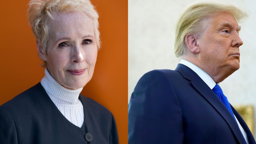 Left: In this June 23, 2019, file photo, E. Jean Carroll poses for a photo in New York. (AP Photo/Craig Ruttle, File); Right: President Donald Trump listens to a reporter's question in the Oval Office of the White House, Monday, Dec. 7, 2020, in Washingto