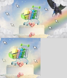 a collage depicting "fantasy shopping" with a shopping cart full of bags in front of a rainbow in the sky