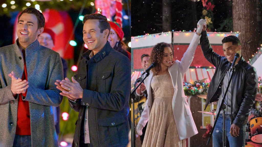 Stills from The Christmas House- a couple clapping, and A Christmas Duet- another couple singing