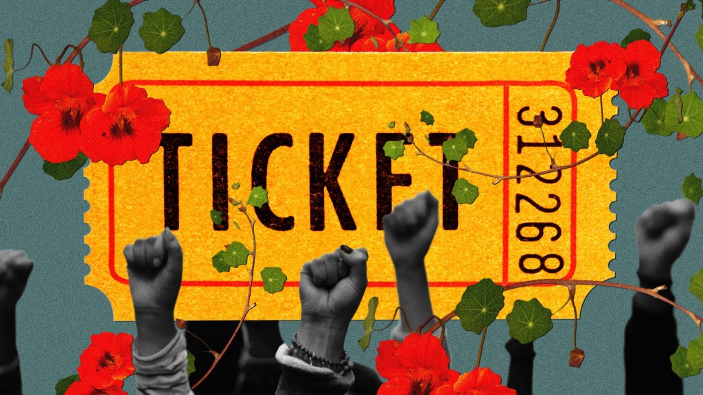 A movie ticket surrounded by blooming flowers and raised fists.