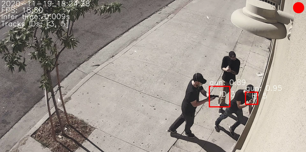 Security camera footage of three people holding guns on a sidewalk outside a building