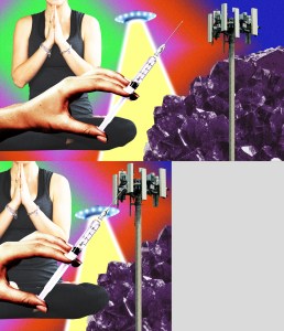 Collage of a woman meditating, a purple crystal, a hand holding a vaccine syringe, a UFO, and a 5G tower