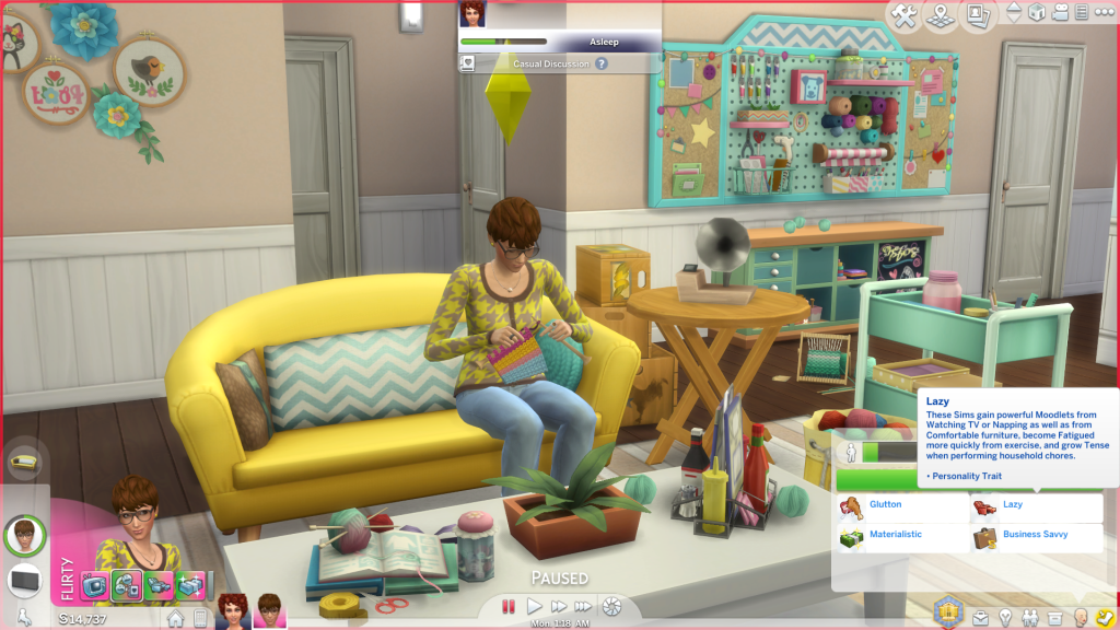 A scene from The Sims depicting a woman knitting on a canary-colored couch, in the lower right of the screen is the description of her "lazy" trait that overlaps with a lot of the symptoms of ME/CFS.