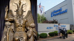 LEFT: The Baphomet statue is seen in the conversion room at the Satanic Temple where a "Hell House" is being held in Salem, Massachusett on October 8, 2019. (Photo by Joseph Prezioso / AFP) (Photo by JOSEPH PREZIOSO/AFP via Getty Images) RIGHT: A women st