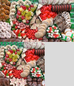 a christmas-themed candy "charcuterie board" by meg quinn of @ainttooproudtomeg