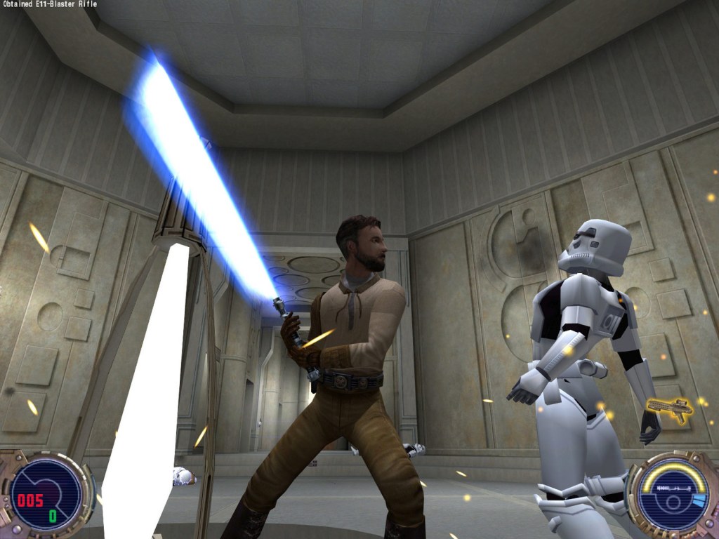 Screenshot from "Star Wars: Jedi Knight II - Jedi Outcast", a Jedi attacks a stormtrooper with his lightsaber