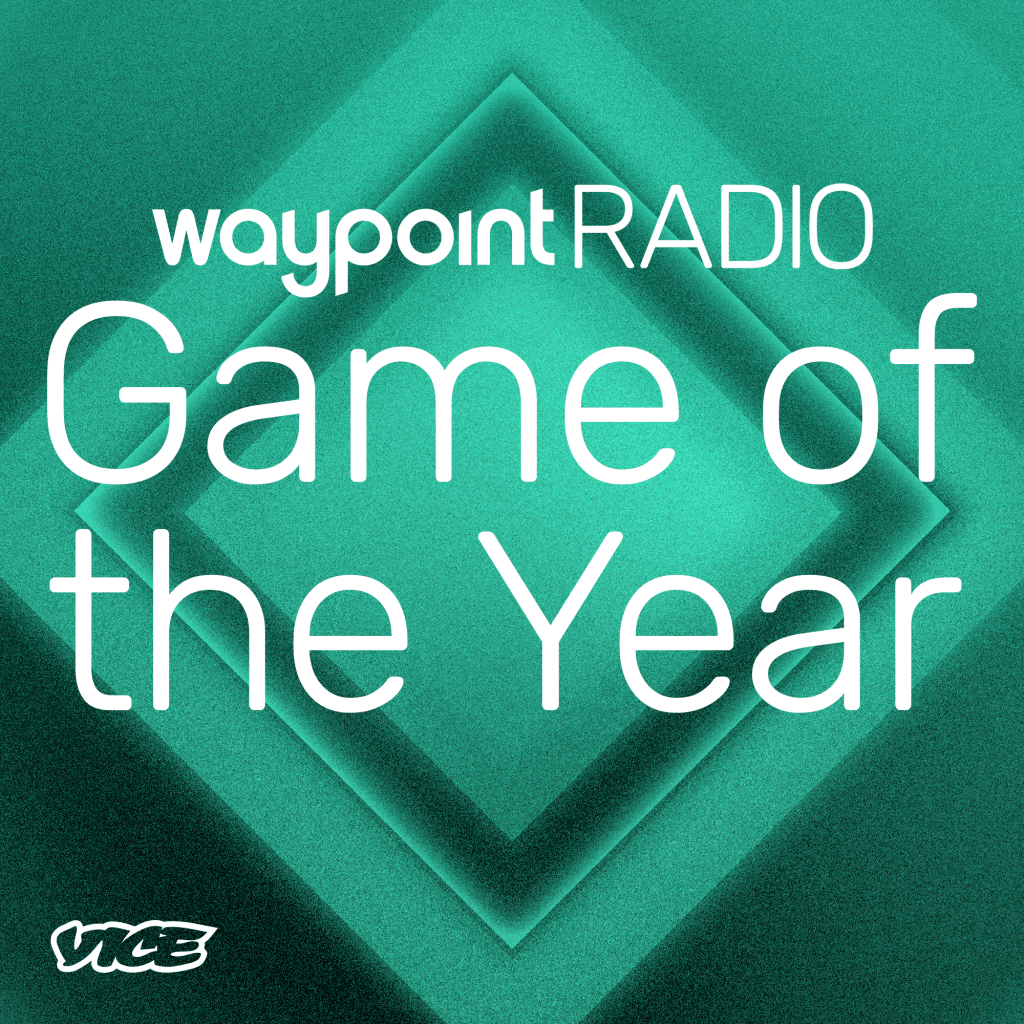 the Text "Waypoint Radio Game of the Year" on a green background made of rhombus shapes