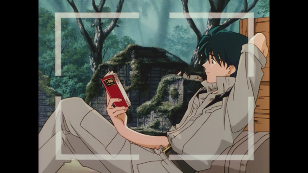 Screenshot from Gundam 08th MS Team, Protagonist Shiro lays against some boxes and reads a book.