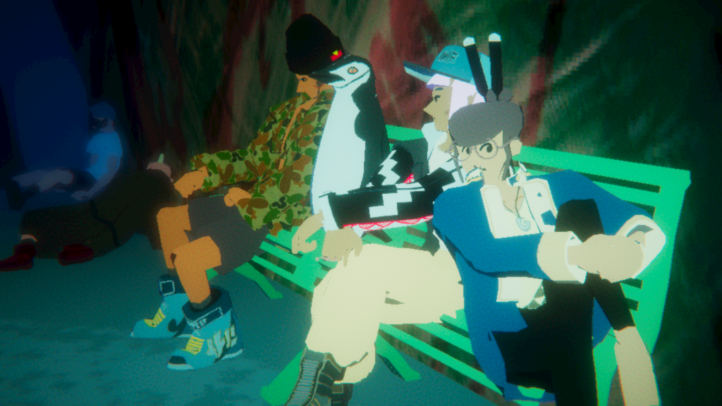 Screenshot from Umurangi Generation, three young adults and a penguin sit on a neon green bench in a photograph taken with a flash, figures sit on the ground in the background shadows.