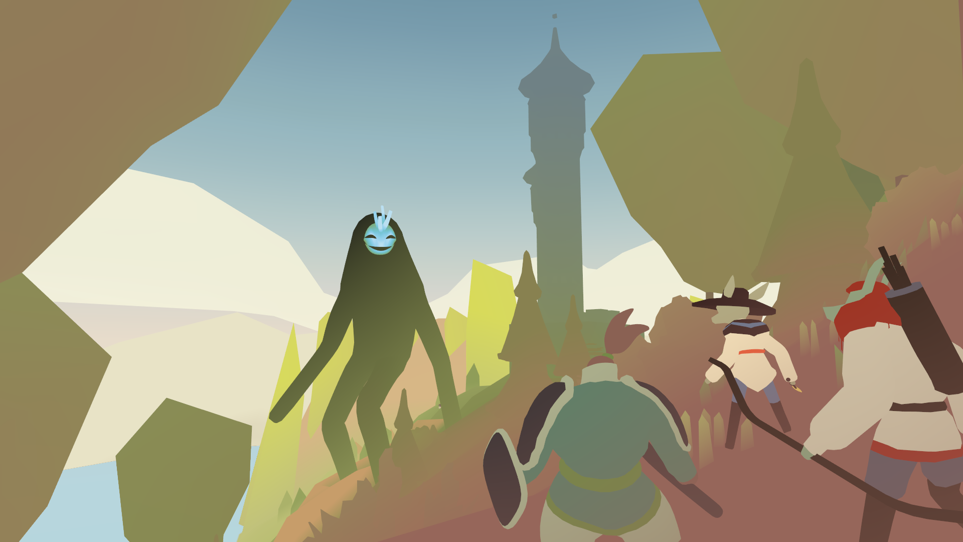 Screenshot from Tenderfoot Tactics, A group of Goblins look at a large, humanoid creature with a mask-like face in the distance. A tower looms even taller in the background.